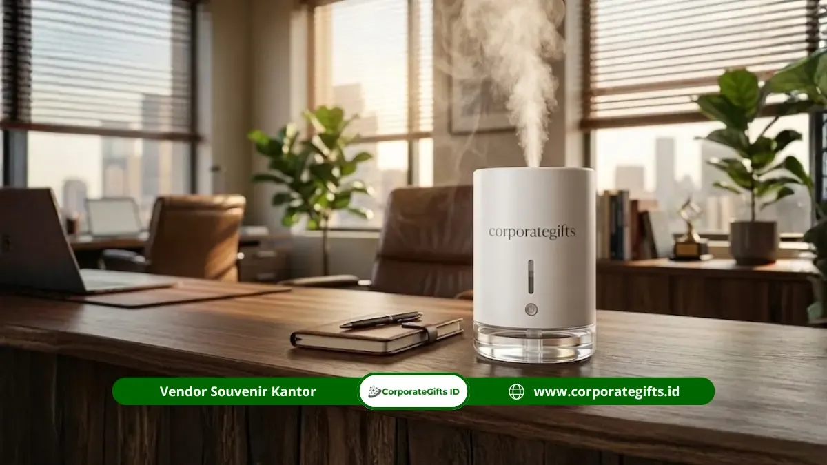 Custom logo souvenir humidifier kantor elegan di atas meja kerja modern - CorporateGifts.ID