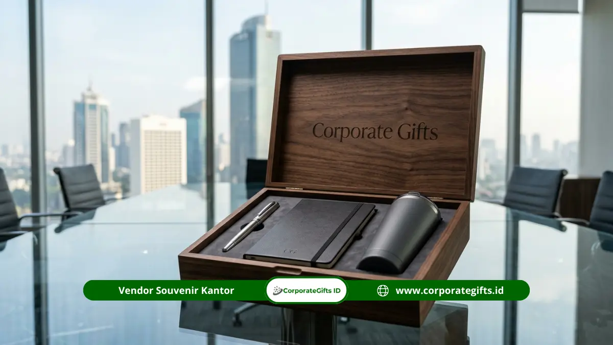 Gift set executive dalam kotak kayu premium di atas meja kaca ruang direksi - CorporateGifts.ID