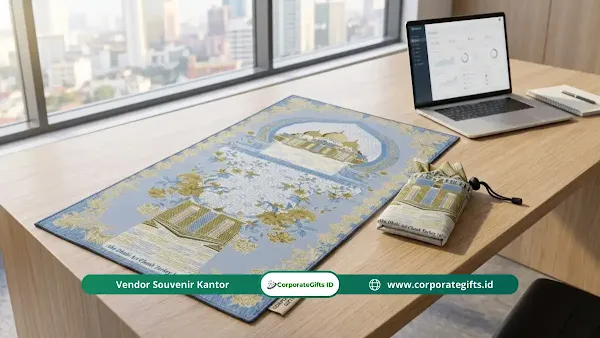 Contoh sajadah travel lipat custom dengan pouch beresleting logo perusahaan - CorporateGifts.ID