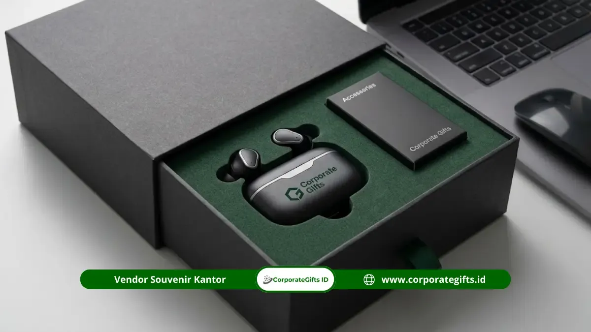 Ilustrasi kemasan kotak earphone premium Corporate Gifts untuk welcome kit onboarding karyawan - CorporateGifts.ID